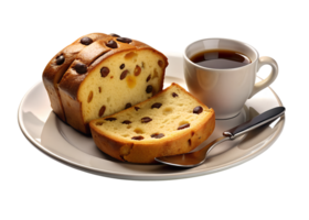A slice of panettone with dried fruits, set on a white plate with a fork and a cup of coffee png