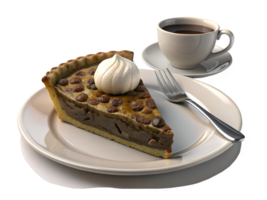 3d render style, A slice of pecan pie with a scoop of vanilla ice cream, set on a white plate with a fork and a cup of coffee png