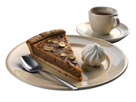 3d render style, A slice of pecan pie with a scoop of vanilla ice cream, set on a white plate with a fork and a cup of coffee png