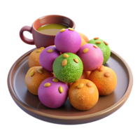 3d render of a plate of colorful ladoos garnished with chopped nuts, set on a decorative plate with a cup of chai png