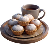 3D of Mini mince pies dusted with powdered sugar, set on a rustic plate with a cup of hot tea png