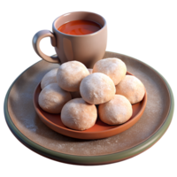 3d render of Shortbread cookies dusted with powdered sugar, set on a rustic plate with a cup of hot chocolate png