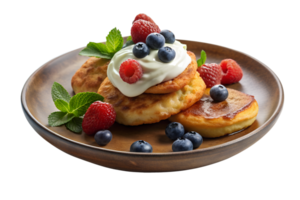 Fried quark pancakes topped with sour cream and fresh berries, set on a rustic plate isolated on a translucent background png