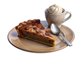 3d render style, A slice of pecan pie with a scoop of vanilla ice cream, set on a white plate with a fork and a cup of coffee png