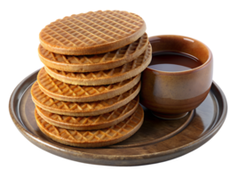 A stack of stroopwafels with syrup oozing out, set on a rustic plate with a cup of coffee png