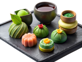 A variety of intricately designed wagashi, set on a black slate platter with a cup of green tea, isolated on background png