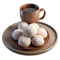 3d render of Shortbread cookies dusted with powdered sugar, set on a rustic plate with a cup of hot chocolate png