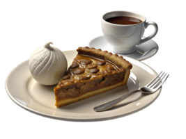3d render style, A slice of pecan pie with a scoop of vanilla ice cream, set on a white plate with a fork and a cup of coffee png