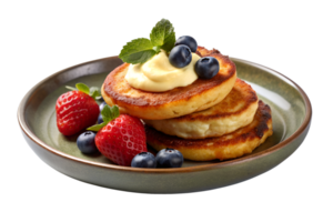 Fried quark pancakes topped with sour cream and fresh berries, set on a rustic plate isolated on a translucent background png