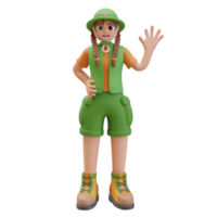 3d illustration of Camper Girl Waving Hand In Greeting Gesture. Travel Concept, Outdoor Activity, Closer to Nature. Character design. 3d Render Illustration png