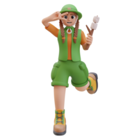 3d illustration of Camper Girl With Roasted Marshmallow Showing Peace Sign. Adventure Concept, Outdoor Activity, Closer to Nature. Character design. 3d Render Illustration png