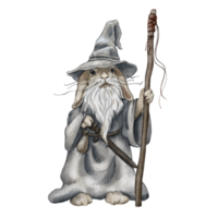 Old rabbit dressed as a wise wizard holds a staff and wears a pointed hat.Can be used for the design of mobile or board game, DND Characters.for greeting cards, a drawing for a book, sticker or a blog png