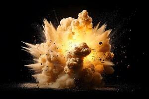 Dynamic Explosion Burst with Fiery Clouds and Flying Debris on Black Background - Stock Image for Action Concepts and Explosive Effects photo