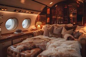 Luxurious Private Jet Interior with Plush Sofa and Elegant Decor for Exclusive Travel Experience photo