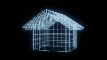 3d house illustration with glowing net framework concept. Futuristic building technology rotating on black background video