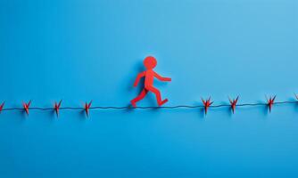 A red paper cut person walking on wire with thorns, fighting, overcoming obstacles, isolated on blue background photo
