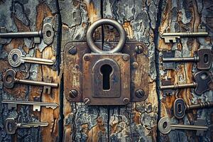 Antique door locks and keys on an old background. Old padlock and key. set as a symbol of security, closeness, history, protection, safety etc. Conceptual background. photo