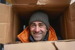 Delivery, man smiling from cardboard box photo