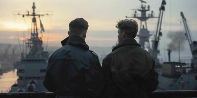 Military sailors stand and look at the ships, view from the back. Retro style. photo
