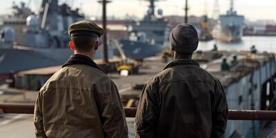 Military sailors stand and look at the ships, view from the back. Retro style. photo