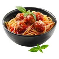 Spaghetti with meatballs and tomato sauce in black bowl closeup shot isolated on a transparent background png