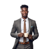 a young african american man in a suit holding a coffee cup png