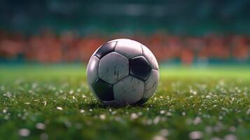 Soccer ball on soccer field with green grass photo