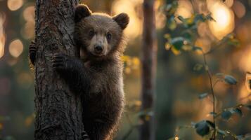 Adorable Bear Cub Climbing Tree in Sunlit Forest at Sunset photo