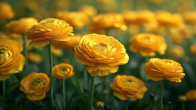 vibrante amarillo botón de oro flores floreciente en un lozano verde campo foto