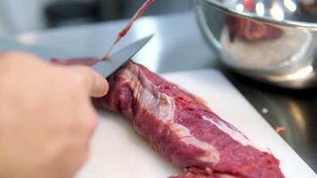 Fresh beef meat for cooking, cut with knife. Step by step process of cooking steak. Fresh juicy meat. Cut to measure temperature of product video