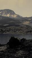 View of a landscape of a Norwegian fjord with a snowy mountain and rocks video