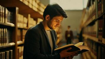 uomo lettura libro nel biblioteca. video