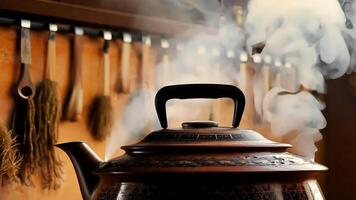 Steaming Teapot in Cozy Rustic Kitchen. video