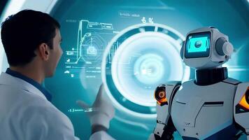 Scientist Interacting with AI Robot Interface. video