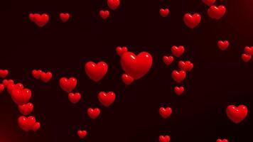 Abstract love animation with heart shaped balloons flying up on a dark red background. 3D screensaver for wedding, date, anniversary, valentine's day and celebration event. Motion graphics, 4K 60fps video