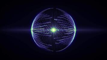 Seamless loop background with abstract blue energy sphere made of liquid strings with green glow effect. Shiny molecule orb with soft light and floating transparent waves inside. Looped 4K 60fps video
