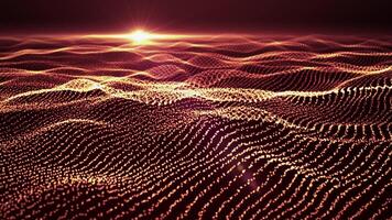 Abstract sunset background with shiny golden waves made of stripes with sparse glow particles. Illuminated wavy field animation for computer science, digital technology and art performance. 4K 60 fps video