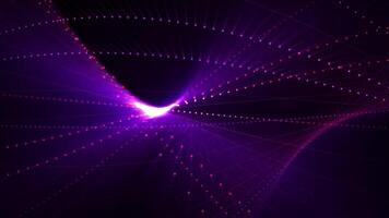 Seamless loop background with elegant abstract form made of dotted lines with bright glow effect. Ethereal orange purple structure smoothly spinning with soft shine rays. Looped screensaver, 4K 60 fps video