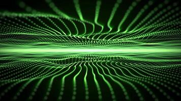 Abstract field of green waves made of sparse glowing particle strings. Flying through ethereal space with soft curvy lines morphing on a dark background. Digital technology motion graphics. 4K 60fps video
