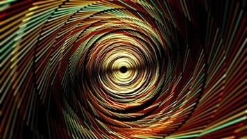 Abstract shiny tunnel made of twisted colorful ribbons in a shape of dynamic radial swirl. Circle vortex wormhole with red, green and orange stripes and golden deep glow on a dark background. 4K 60fps video