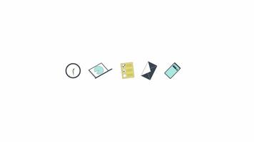 Office essentials in row line 2D objects animation. Digital devices and supplies for work flat color cartoon 4K , alpha channel. Productivity increasing animated items on white background video