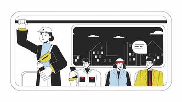 Multiethnic passengers in public vehicle line 2D animation. Diverse adults riding to work 4K motion graphic. Urban lifestyle linear animated cartoon flat concept, white background video