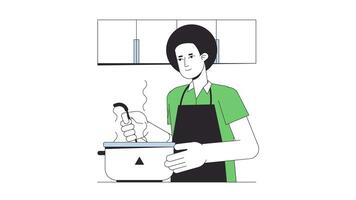 Hispanic man cooking food at home line 2D animation. Latin american male making dinner 4K motion graphic. Meal preparation activity linear animated cartoon flat concept, white background video