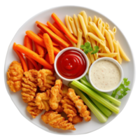 chicken nuggets, carrots, celery and dip on a plate png
