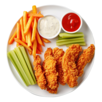 chicken nuggets and celery with dip on a plate png