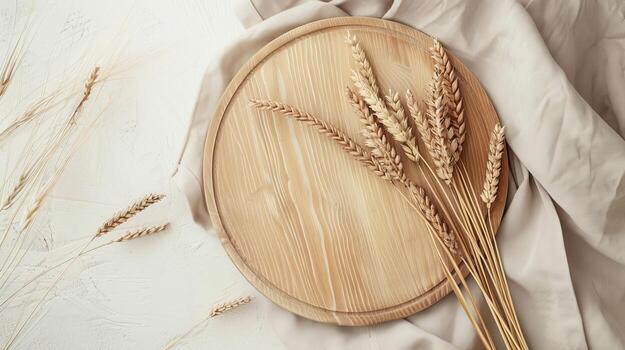 Top view Thanksgiving day with a wooden round plate and ears of wheat photo