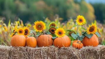 Pumpkins on bales of straw and sunflowers, autumn composition concept design photo