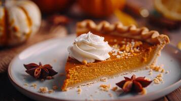 Pumpkin pie topped with whipped cream, Thanksgiving day background photo