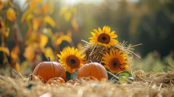 Pumpkins on bales of straw and sunflowers, autumn composition concept design photo
