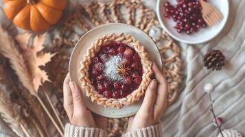 Boho top view Thanksgiving day with brown pumpkin pie and leaves photo